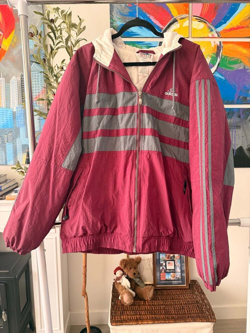 Mens Vintage Adidas Hooded Puffer Jacket Maroon Red & Gray 90s Style Size XL